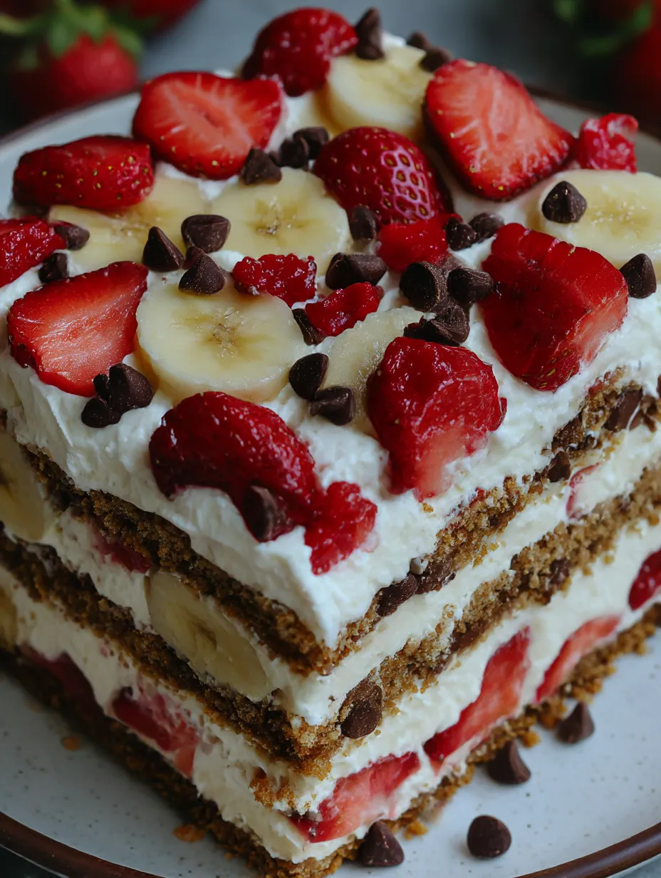 Easy Layered No-Bake Banana Split Cake with Graham Crust