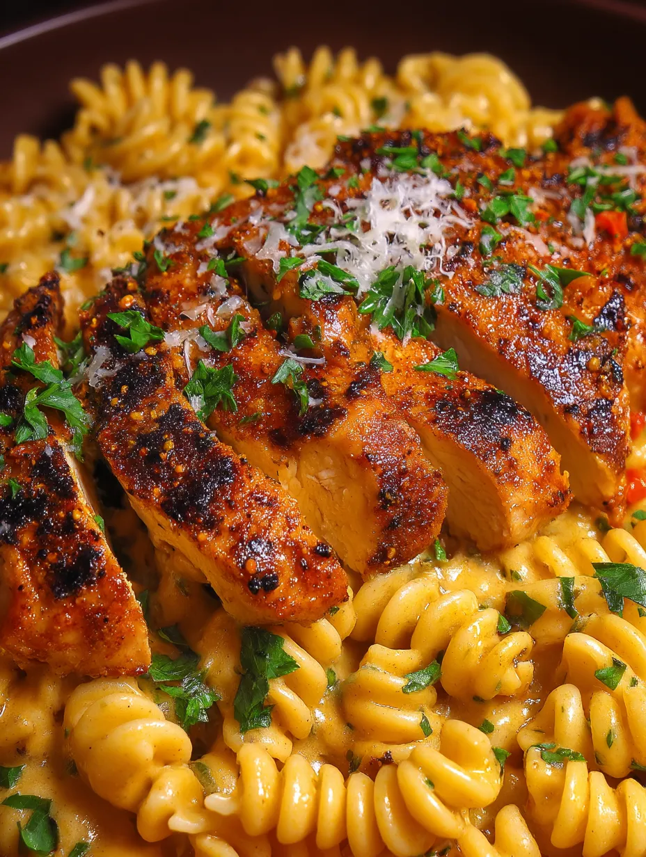 A plate of food with chicken and pasta.
