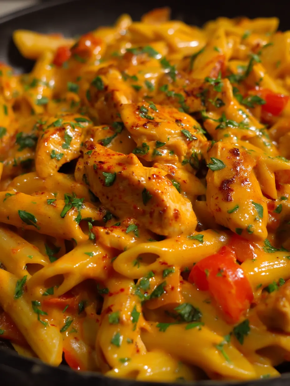 A plate of pasta with chicken and tomatoes.