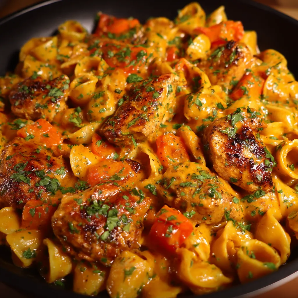 A bowl of pasta with meat and vegetables.