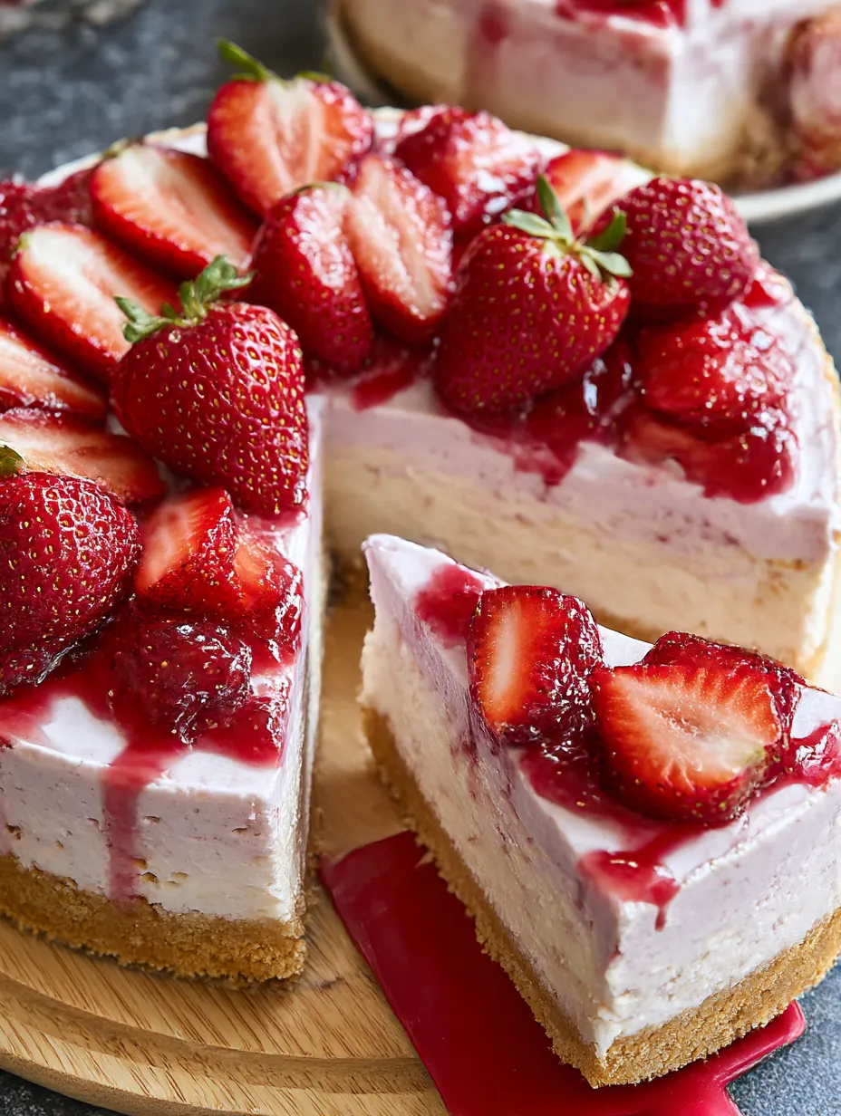 A thick slice of strawberry cheesecake resting on a wooden board.