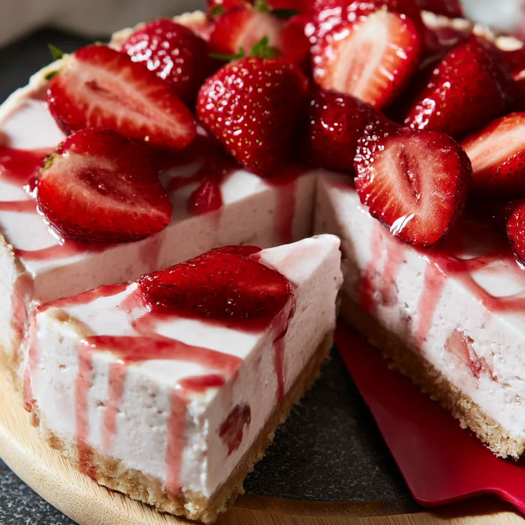 A wedge of cheesecake piled with strawberries up top.