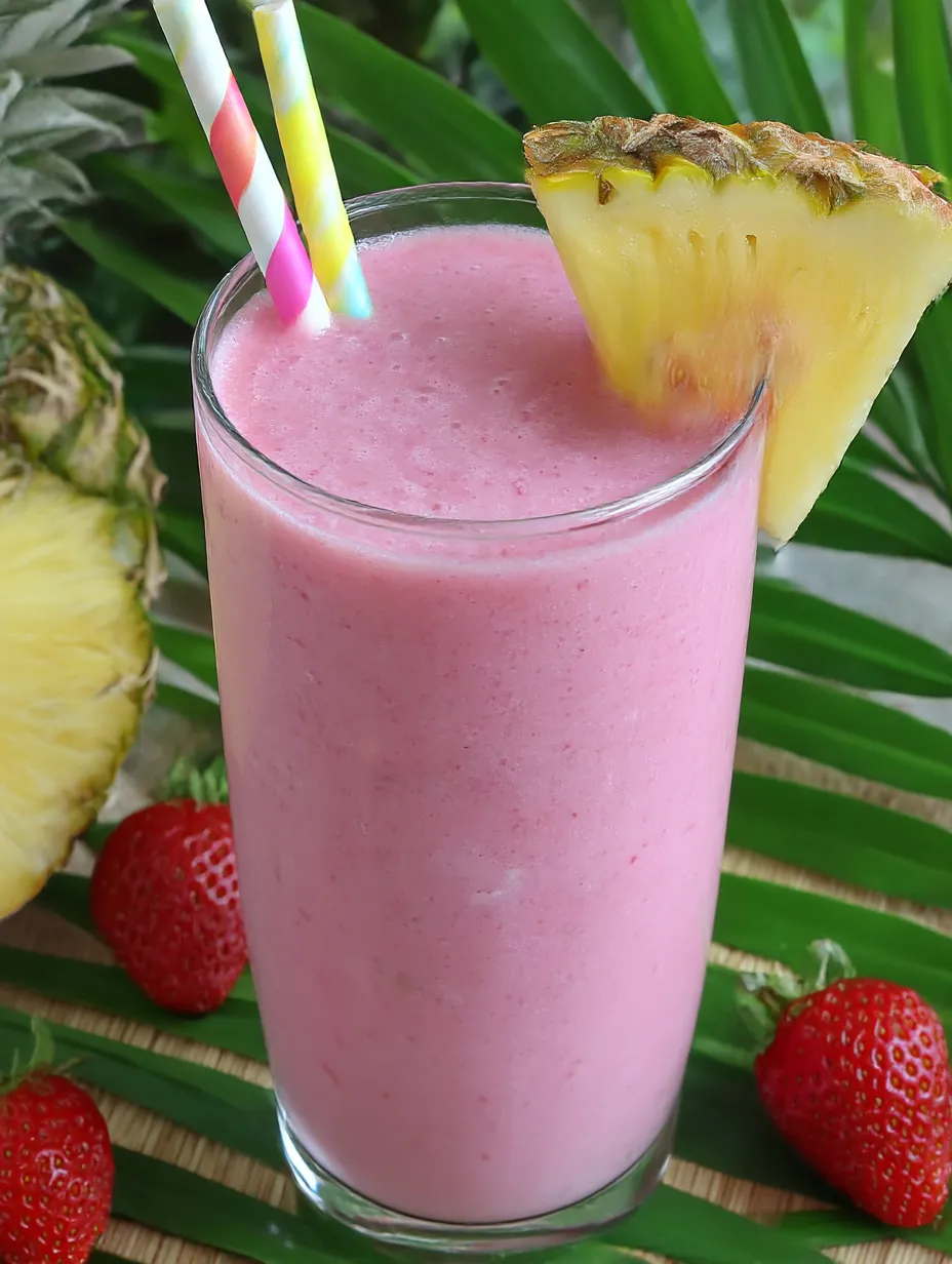 A vibrant pink drink in a glass with a pineapple wedge inside.