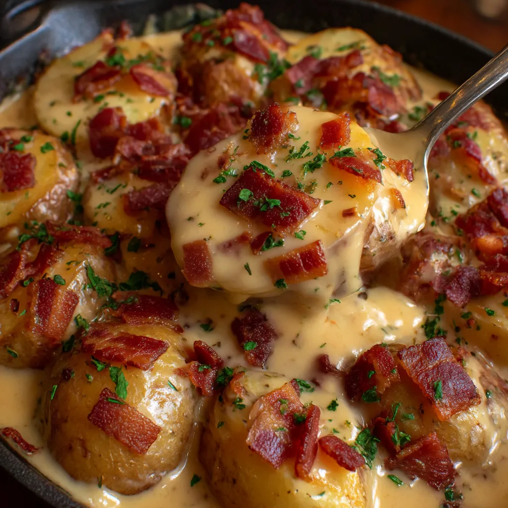 A heaping dish of cheesy Mississippi Mud potatoes loaded with bacon.