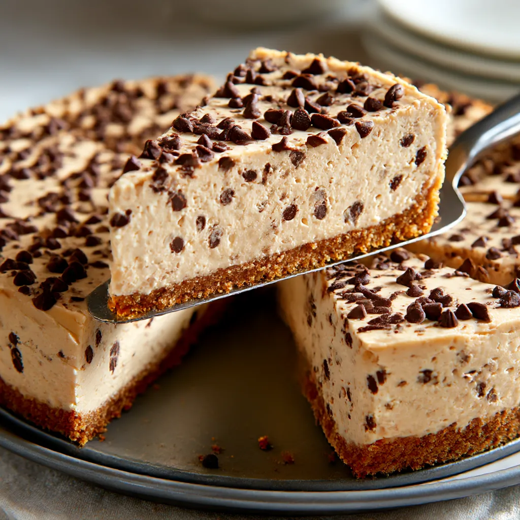Slice of protein cheesecake dotted with chocolate chips.