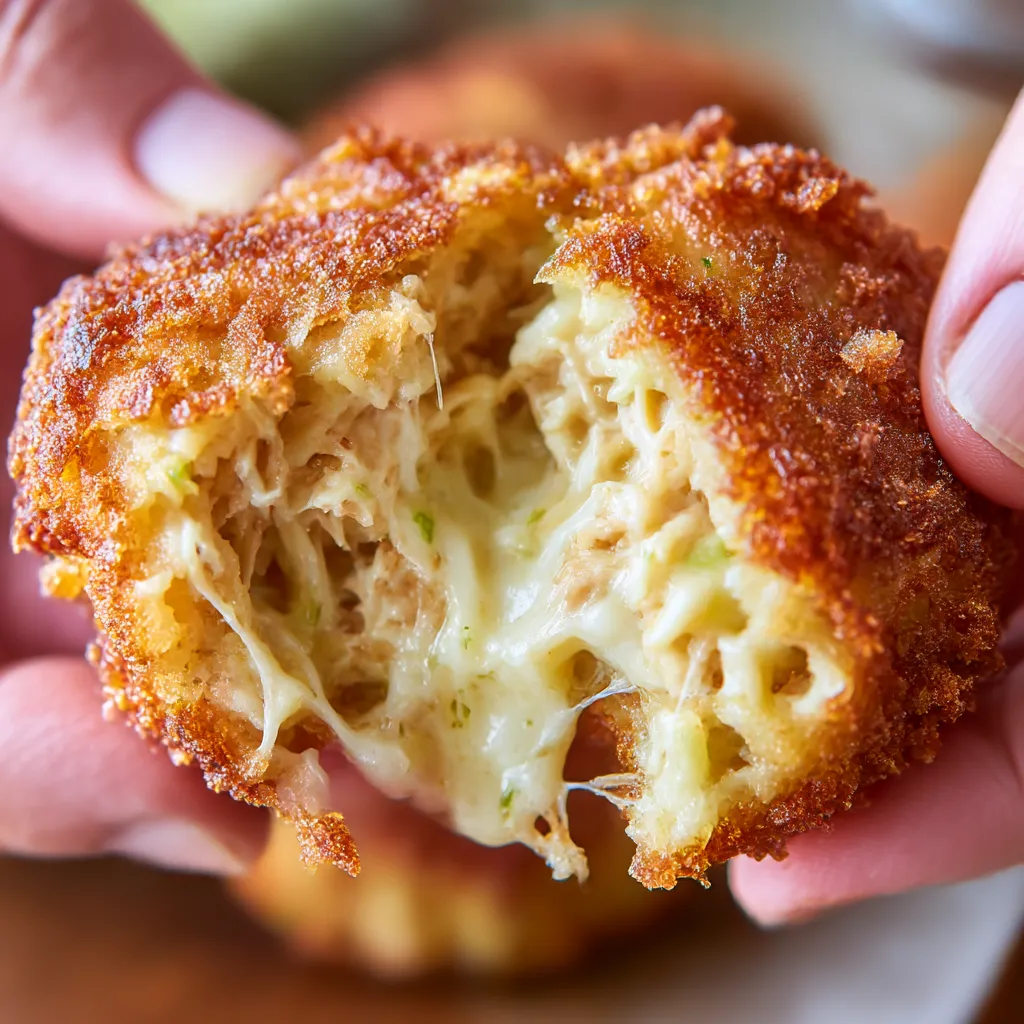 Hand holding a crispy chicken patty with cheese inside.
