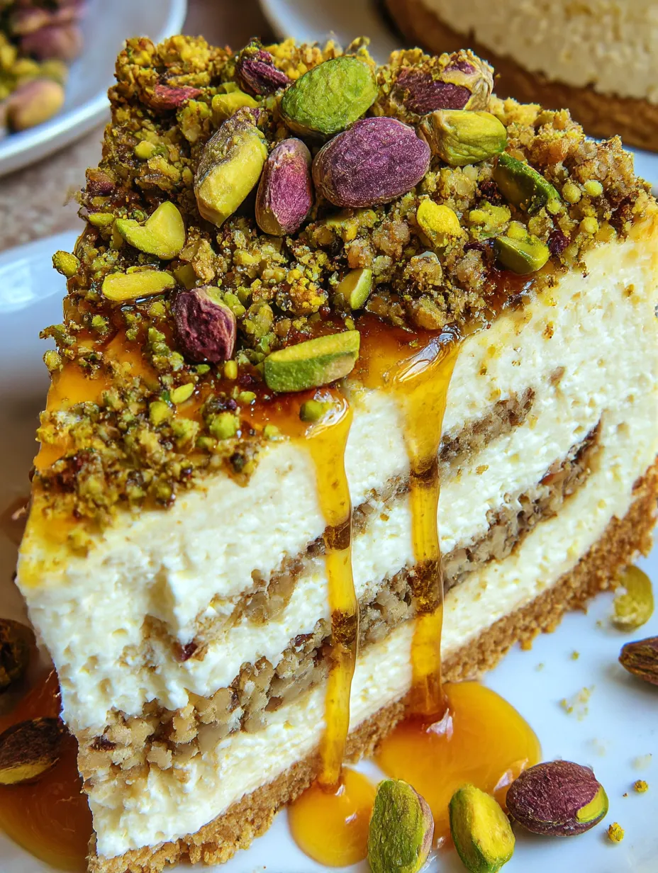 A triangle of baklava cheesecake topped with a caramel drizzle.