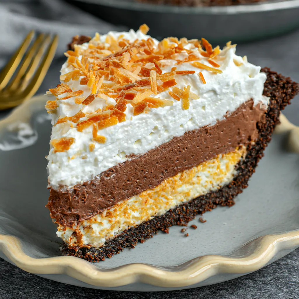 A slice of coconut chocolate pudding pie.
