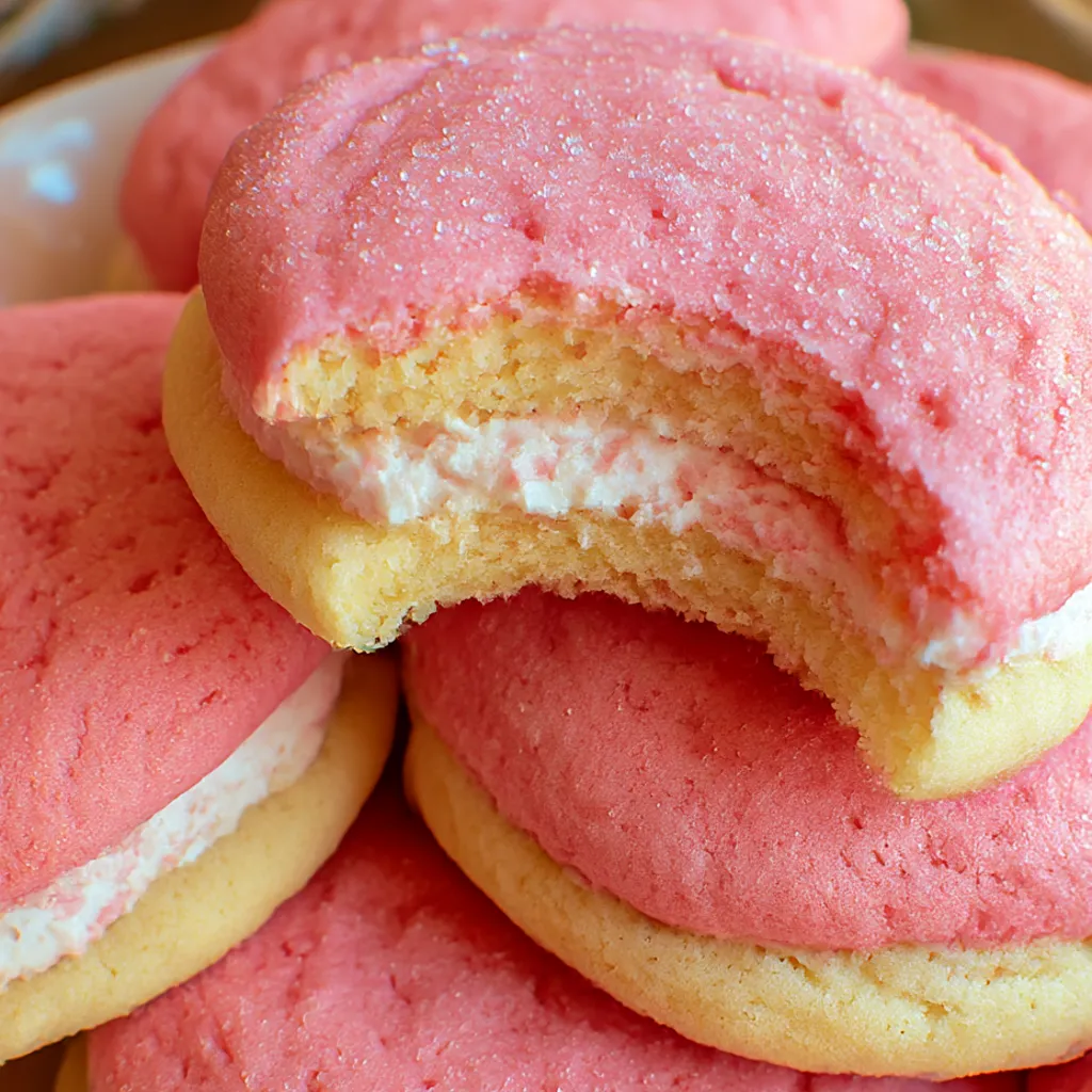 A pile of pink and white cookies stacked up.
