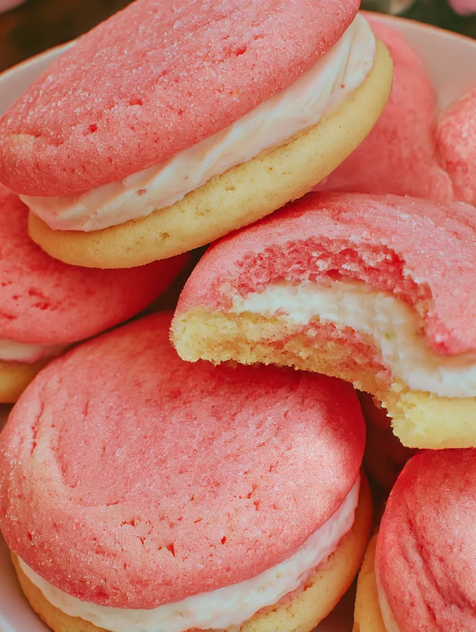 Pink-and-white cookie with a bite showing the creamy filling inside.