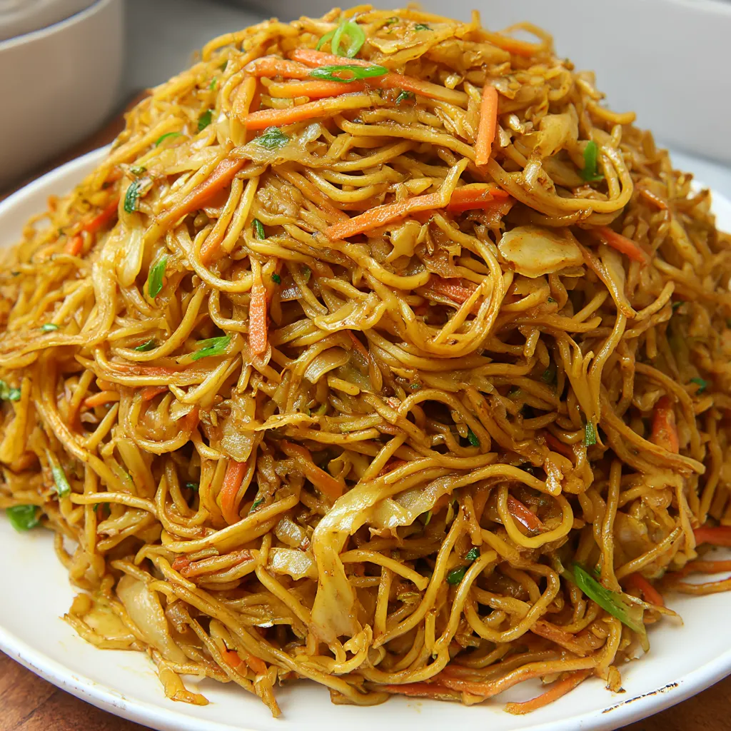 Noodles piled high with lots of bright veggies on a plate.