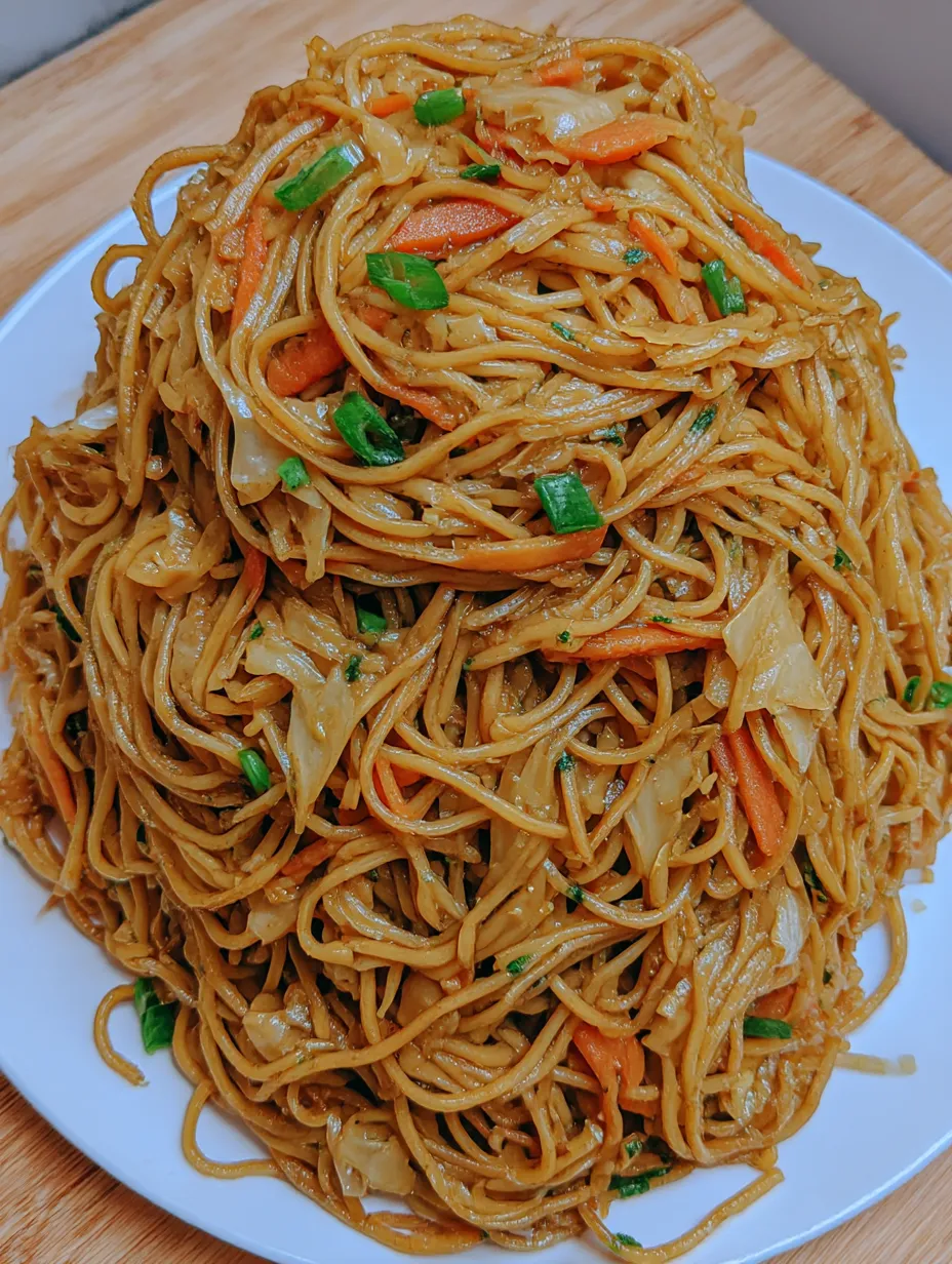 A big heap of noodles with green onions and carrots on a plate.