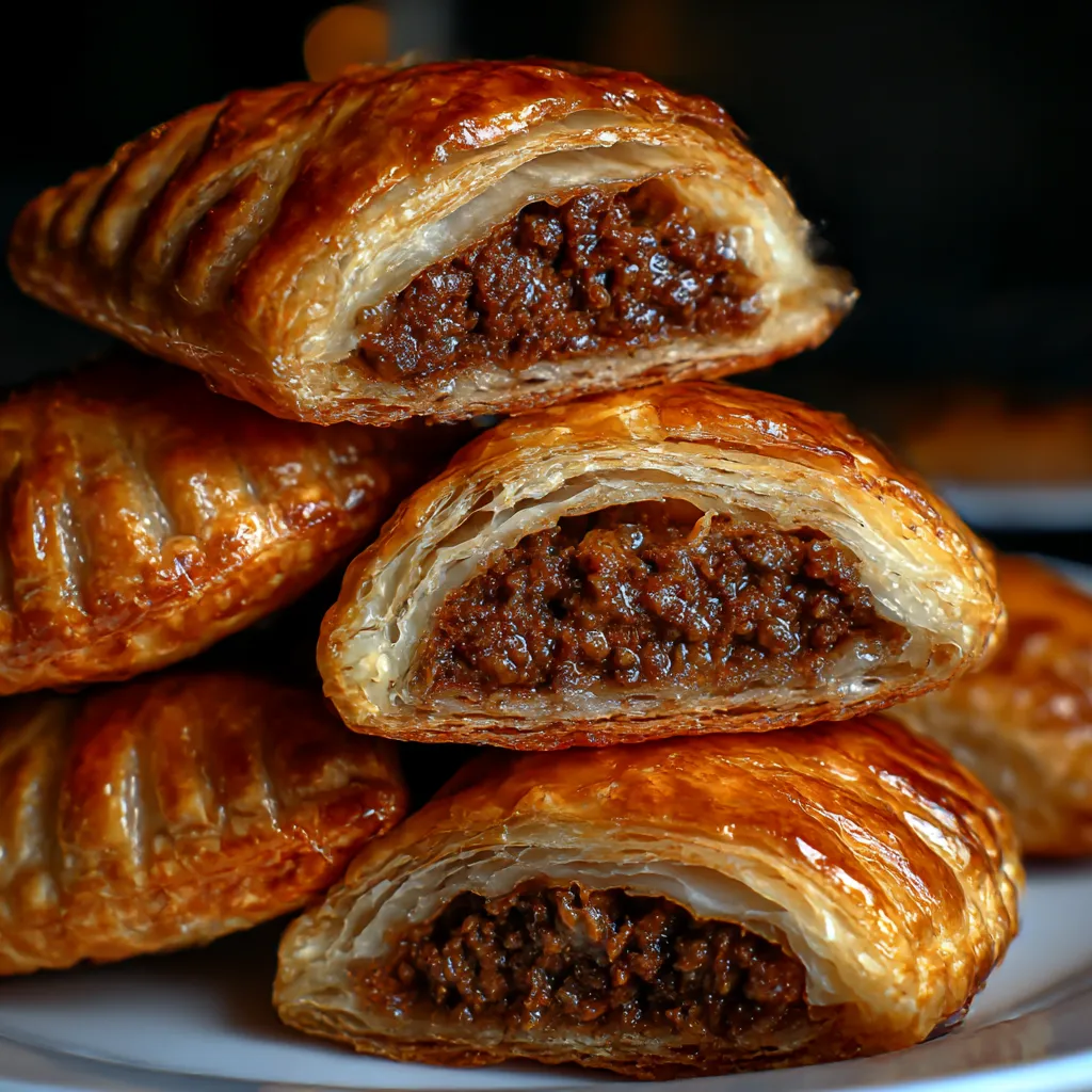 A plate stacked with tasty, golden Jamaican beef patties.