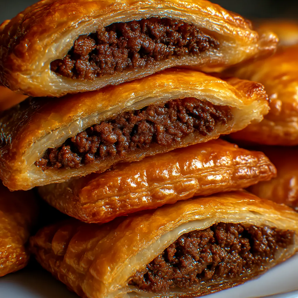 A stack of juicy Jamaican beef patties that look absolutely irresistible.