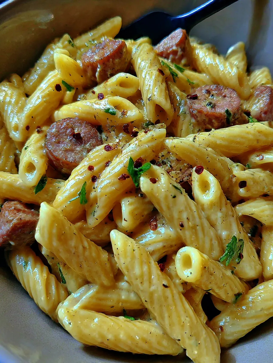 A plate stacked with pasta, featuring melty cheese and slices of smoked sausage.