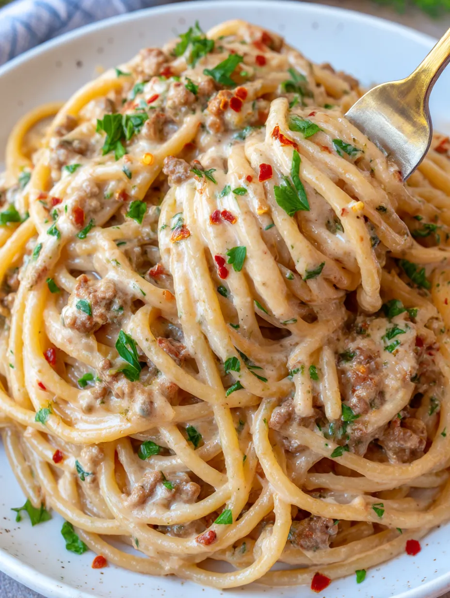 Spaghetti noodles swirled with beef and peppers on a plate.