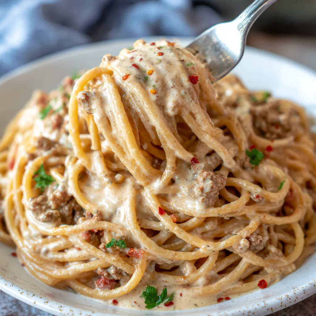 Spaghetti loaded with melty cheese and beef, ready to dig in.