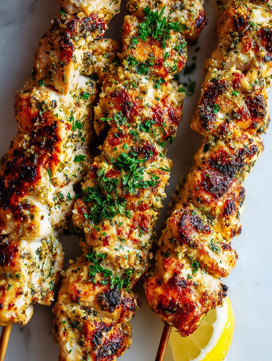 Eine Platte mit grillierten Chicken-Stiften.