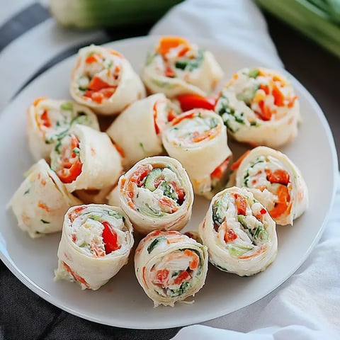 A neatly arranged platter of colorful tortilla roll-ups filled with veggies and cream cheese.
