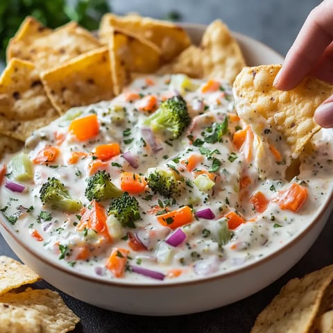 Crunchy chips and creamy veggie dip being scooped out by hand.