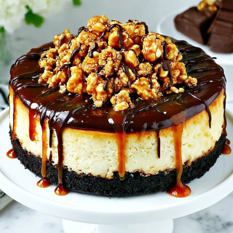 A thick slice of Samoa cheesecake dripping with caramel and chocolate.