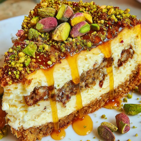 A slice of baklava cheesecake with a drizzle of caramel sauce.