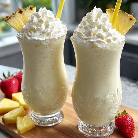 Two tall glasses filled with pina colada milkshake goodness.
